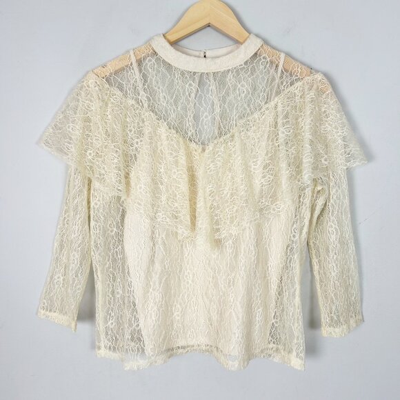 Y2K Mossimo Ivory Floral Lace Ruffle Boho Top Blouse Size Medium Women's - Picture 1 of 4